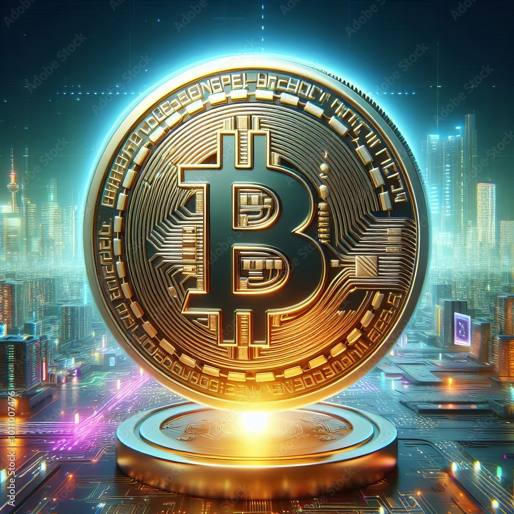 Poster a vibrant digital illustration of a glowing bitcoin symbol against a futuristic cityscape backdrop. 