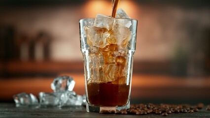 Macro Shot of Pouring Coffee into Ice Coffee Glass, Close-up