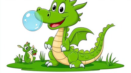 Fototapeta premium Cute Green Dragon Blowing Bubble with Baby Dragons