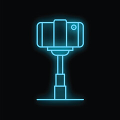 Blue neon icon of a smartphone mounted on an adjustable tripod, illuminating the concept of mobile photography and content creation