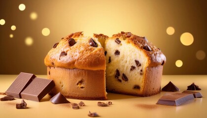 Christmas Panettone with chocolate pieces on a bright background