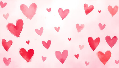 Watercolor hearts in various shades on soft pink background for romantic and artistic themes