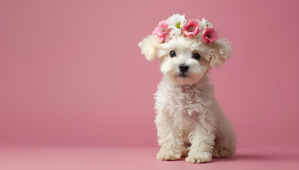 Adorable Bichon wearing wreath made of beautiful flowers on pink background, space for text