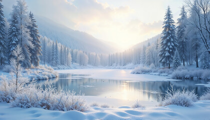 Fototapeta premium Magical winter landscape with a frozen lake and snow-covered trees under soft sunlight