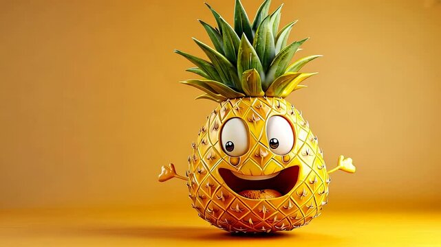 Cheerful cartoon pineapple character on yellow background