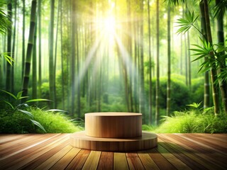 Eco-friendly bamboo podium set among a vibrant forest, bathed in sunlight, ideal for sustainable product presentations.