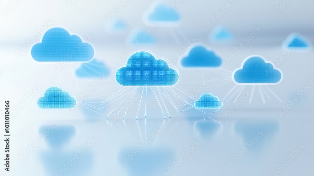 Poster a serene collection of blue clouds symbolizing digital technology and cloud computing, perfect for t