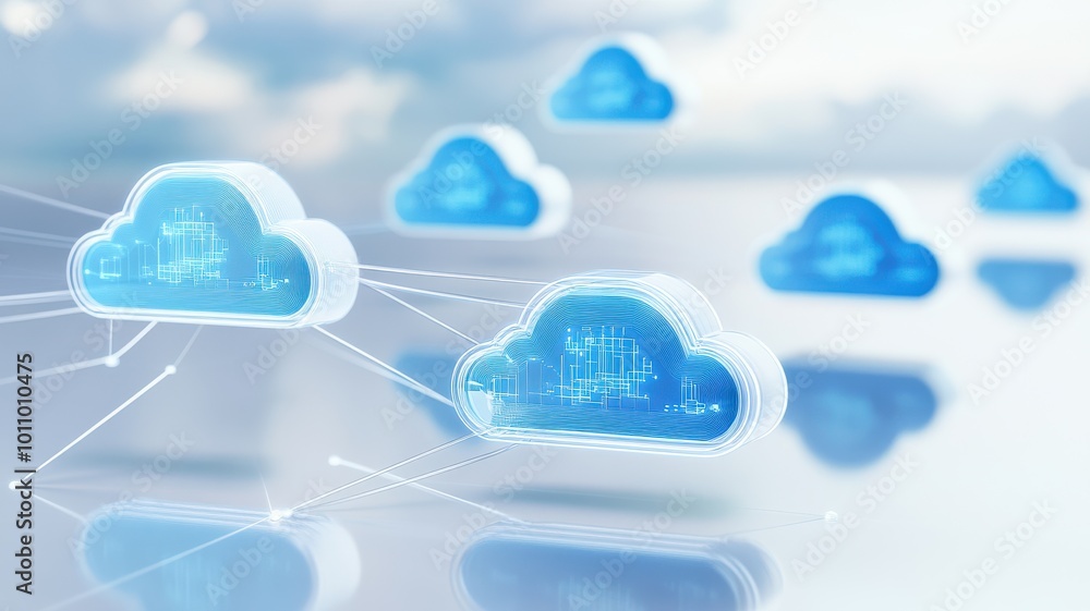 Poster a serene depiction of blue clouds connected by data streams, illustrating the concept of cloud compu