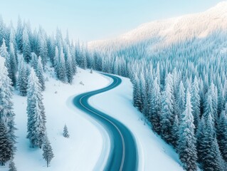 A serene, winding road through a snowy forest, showcasing nature's winter beauty and tranquility.