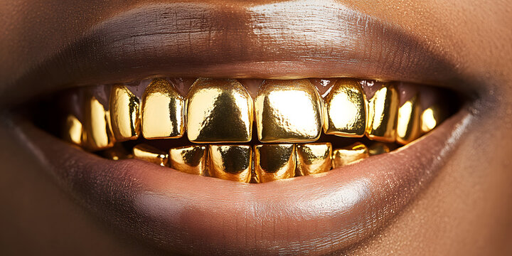 Close-up of a person's mouth showing off shiny gold teeth, urban, grills, bling, hip-hop, dental, dental work, cosmetic, fashion