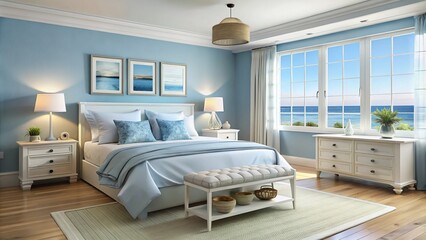 Embrace nautical bedroom aesthetics with soft blue walls and crisp white furniture for a serene, relaxing environment