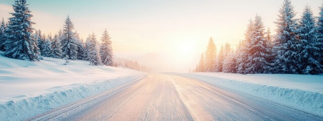 A tranquil winter scene featuring a snowy road surrounded by frosted trees at sunrise, exuding calmness and the beauty of nature in the cold season.
