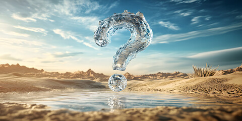 Question mark made of clear water floating in mid-air over a dry desert landscape, water, desert, question mark, clean
