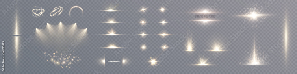 Poster Set of light effects glowing light isolated on transparent background. Solar flare with rays and glare. Spotlights. Glow effect. Star burst with shimmering sparkles.