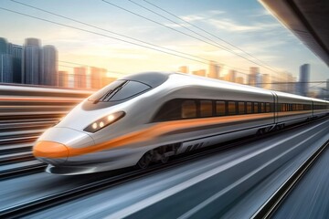 Fototapeta premium The high-speed train is moving at full power on the highway in front of city buildings. 