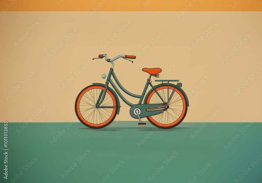 Poster a green bicycle with orange wheels sits against a background of two solid color horizontal stripes, 