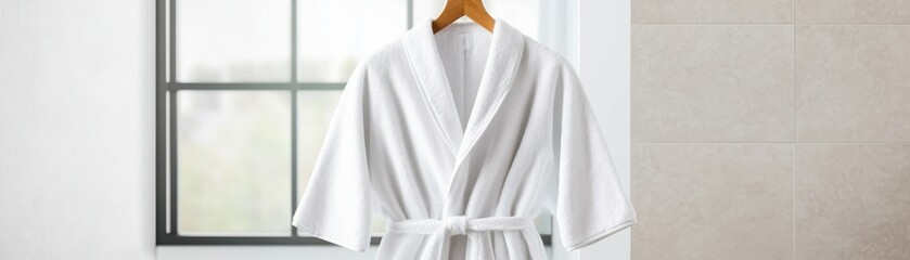A serene white bathrobe hanging by the window, perfect for a relaxing spa or home setting, inviting comfort and tranquility.
