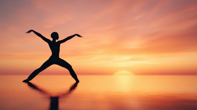 A silhouetted dancer poses gracefully against a vibrant sunset, embodying freedom and tranquility in a serene landscape.