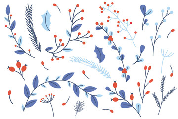 Flat vector illustration set of twigs, leaves, berries. Plants in winter tones, blue shades. Idea for creating postcards, banners, backgrounds.