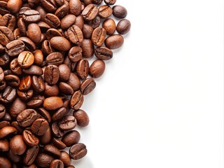 Obraz premium Fresh coffee beans nestled in a corner against a white backdrop create a warm, cozy ambiance, ideal for