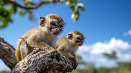 Obraz premium Two monkeys sitting side by side on a tree branch against a clear blue sky, showcasing companionship and serenity in the bright landscape.