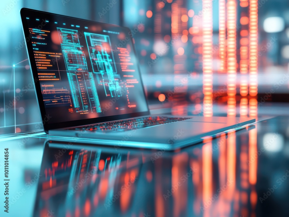 Poster a sleek laptop displaying digital data and code against a vibrant, illuminated background, symbolizi