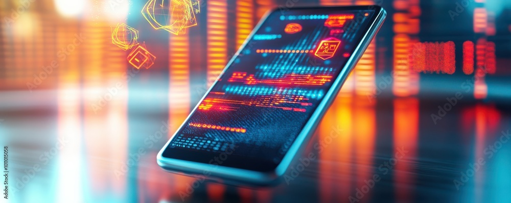 Poster a sleek smartphone displaying advanced data visualization and digital elements in a vibrant, futuris
