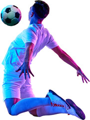 Focused football player, in vibrant neon light during training session, works on controlling ball in air against transparent background. Concept of championship, sport events, final game. Ad © Lustre Art Group 