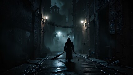 Grim Reaper Standing in a Dark, Smoky Alleyway Dimly Lit by Flickering Streetlights