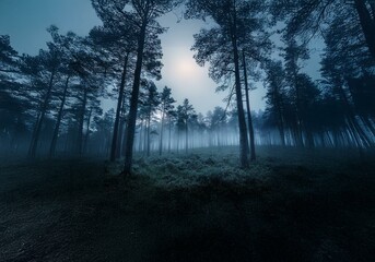 Obraz premium A moonlit forest with tall trees and a misty haze.