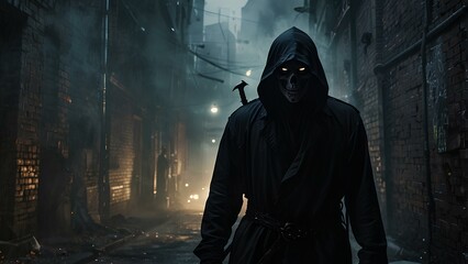 Grim Reaper Standing in a Dark, Smoky Alleyway Dimly Lit by Flickering Streetlights