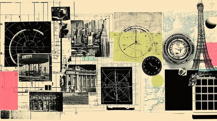 A vintage-inspired collage with torn-out journal pages, old maps, and clock faces, grunge concept of time travel 