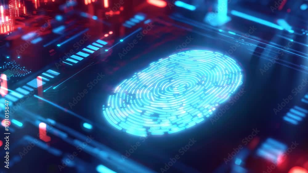 Poster A blue and red image of a fingerprint on a computer chip