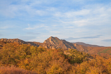 Obraz premium a panoramic view of autumn landscape with mountain hills surrounded by trees with yellow and red foliage at birtvisi canyon in georgia at a sunset light