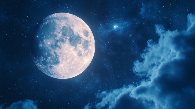 A close-up of the full moon shows its craters, glowing softly in a starry, indigo sky.