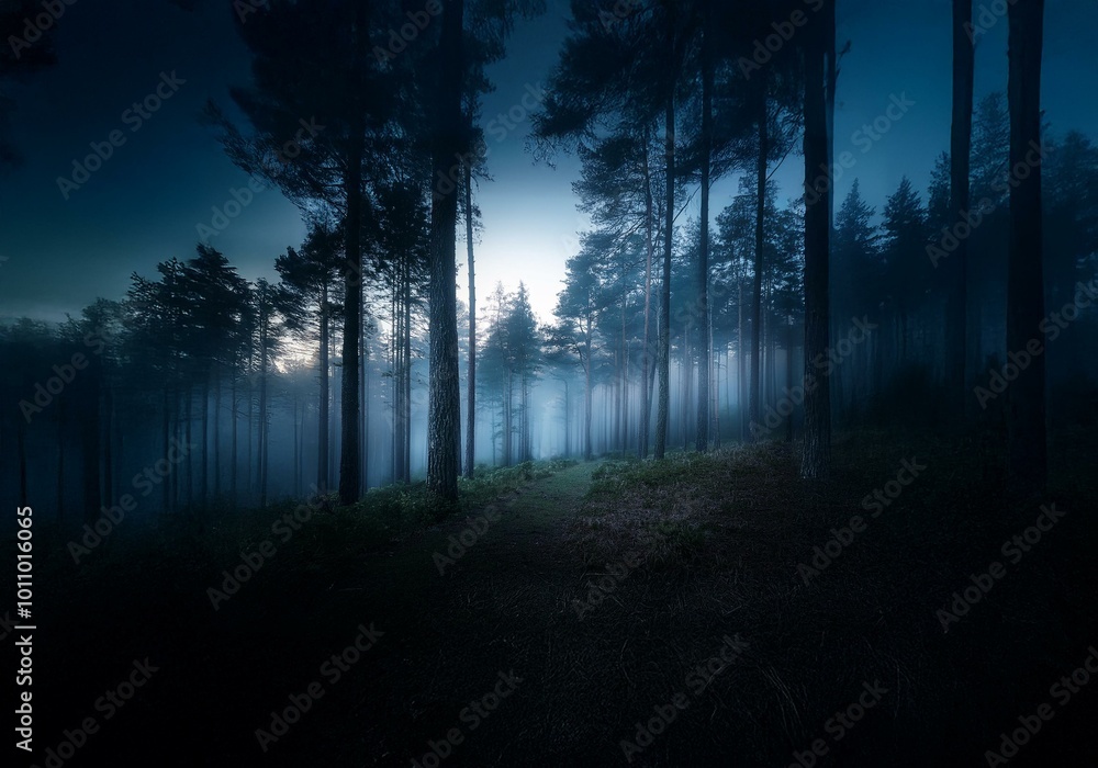 Poster a dense forest at dusk is cloaked in a thick layer of fog. the tall trees stand like silent sentinel