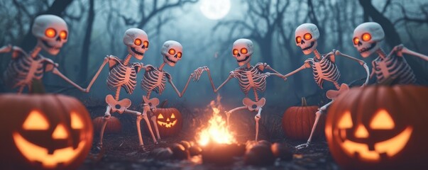 Obraz premium A spooky Halloween scene featuring playful skeletons gathered around a campfire with carved pumpkins.