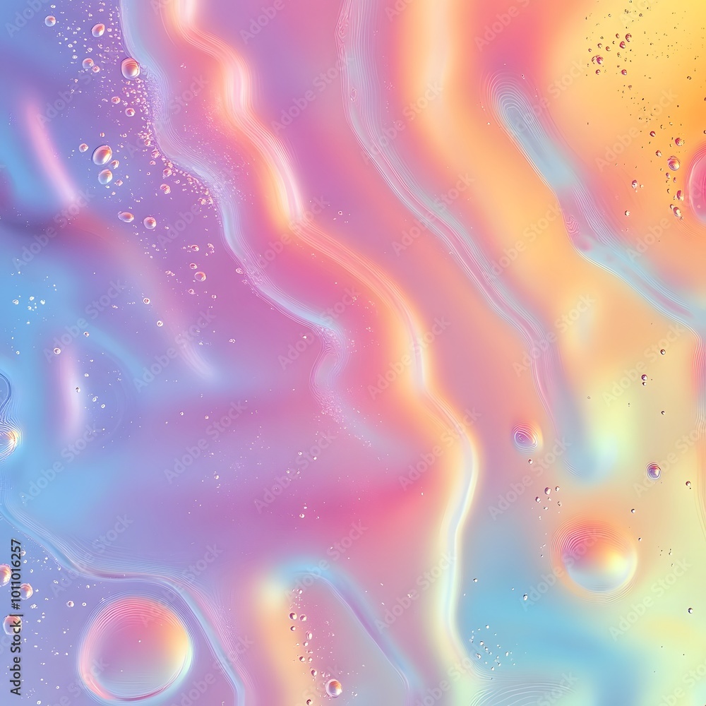 Poster iridescent colorful abstract background with bubbles, fluid texture pastel tones curvy wavy good vib