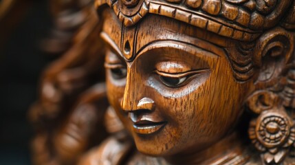 A close-up of a Krishna figure carved from wood by a tribal artisan, highlighting traditional craftsmanship