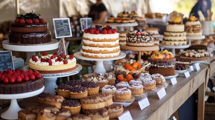 A beautiful dessert table at a Northern festival, showcasing an array of cakes, pastries, and sweet treats made from local ingredients.