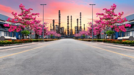 Fototapeta premium Industrial Road with Cherry Blossoms at Sunset