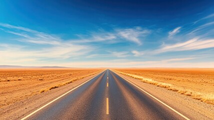 Fototapeta premium A stunning desert road stretching into the horizon under a bright blue sky, perfect for travel and adventure concepts.
