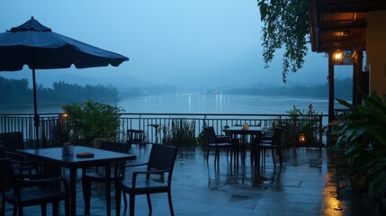 Fototapeta premium A calm evening scene at the Skywalk Nong Khai, offering breathtaking views of the Mekong River and Laos in the distance.