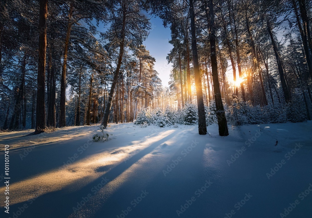 Poster sunlight streams through the snow-covered trees of a winter forest.