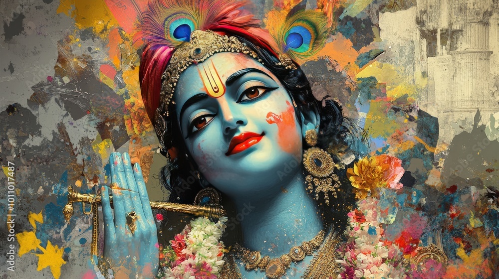 Fototapete A digital collage combining Krishna with various elements of popular culture, creating a unique