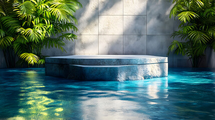 Stone podium stand in luxury blue pool water, ideal for showcasing tropical products in a summer setting , luxury, blue, pool