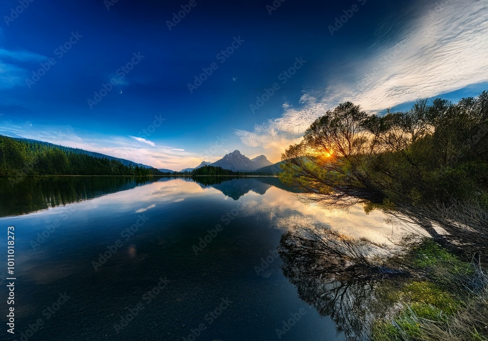 Poster A calm lake reflects the golden light of the setting sun and a mountain range in the distance.