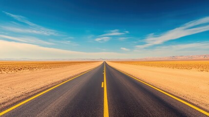 Fototapeta premium A stunning view of an empty road stretching into the horizon, surrounded by vast desert and vibrant blue sky.