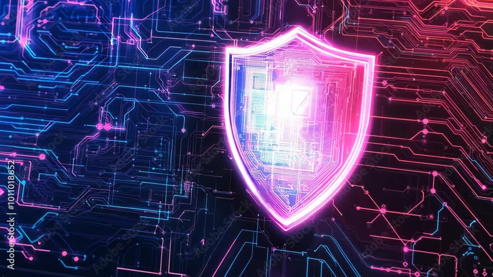 Poster A computer chip with a glowing red shield on it