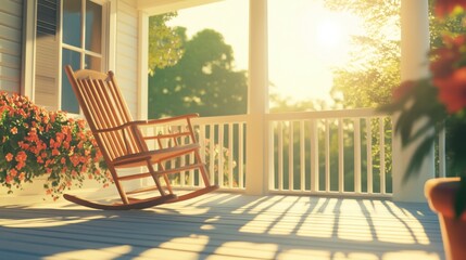 A cartoon-style rocking chair, gently swaying on a sunny porch in a simple animation frame.